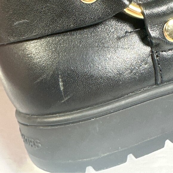 MICHAEL KORS ESSEX ICONIC BLACK GOLD LOGO MOTO BIKER BOOTS Size 7M - Picture 8 of 12